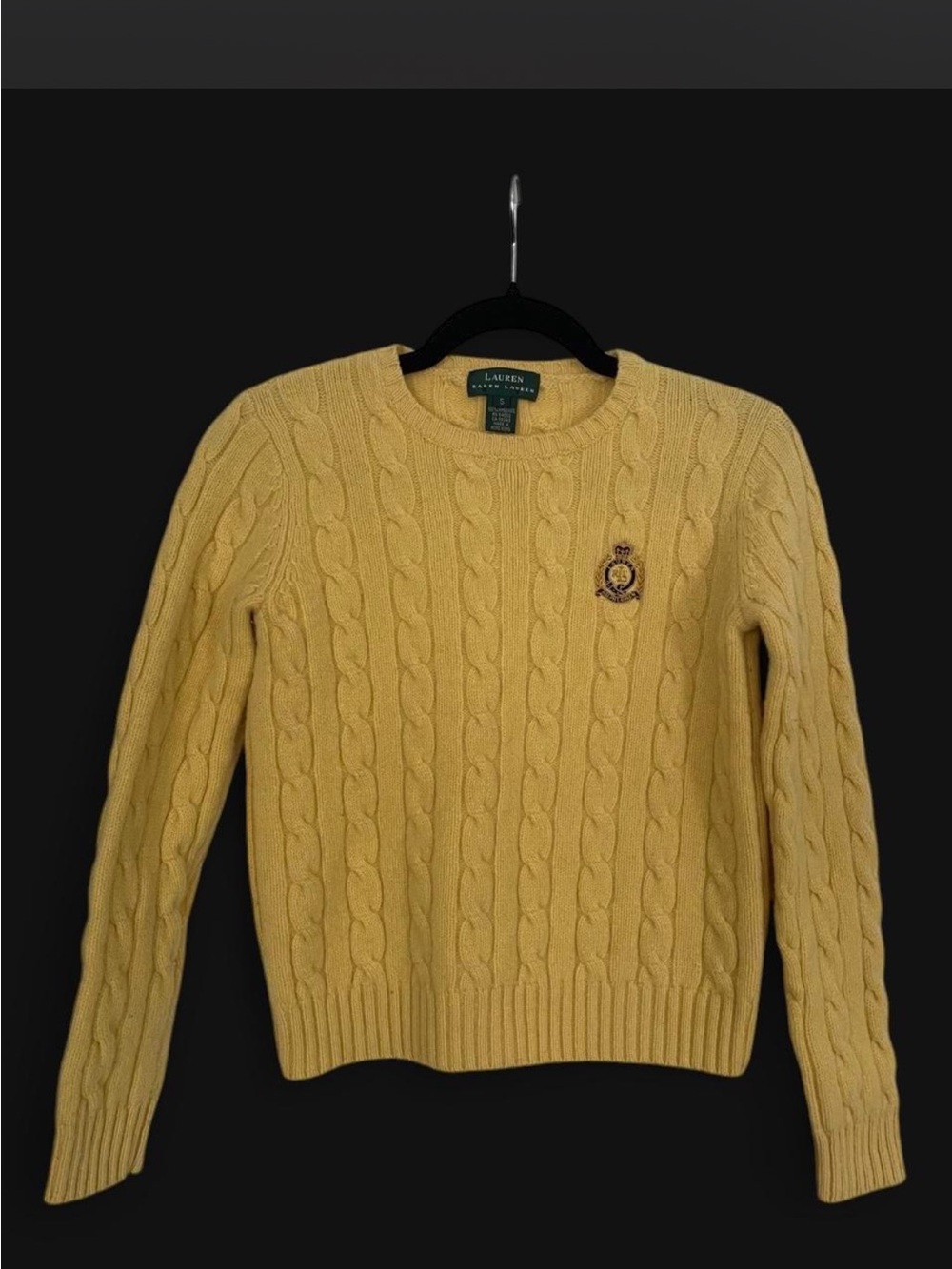 Ralph Lauren 100% lamb wool Yellow Cable Knit Crewneck Sweater with Crest